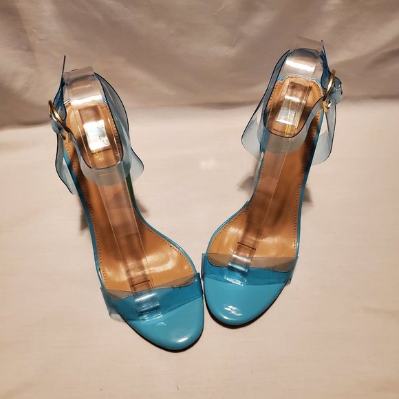 Yoki Chuncky Sandals Clear Heels With Blue Straps Size 10 - Picture 3 of 7
